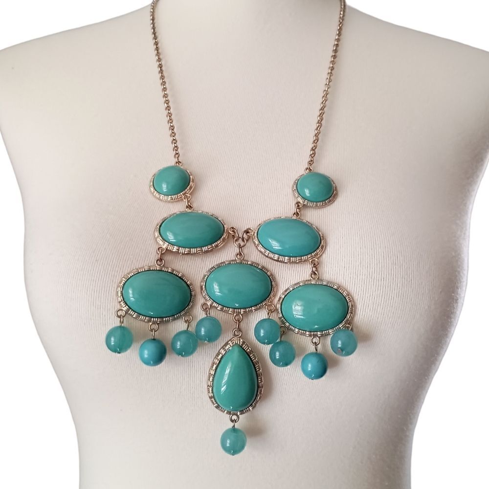 Y2K Turquoise Aqua Bubble Necklace Cabochon Statement Bib Gold Tone Boho Glam‎